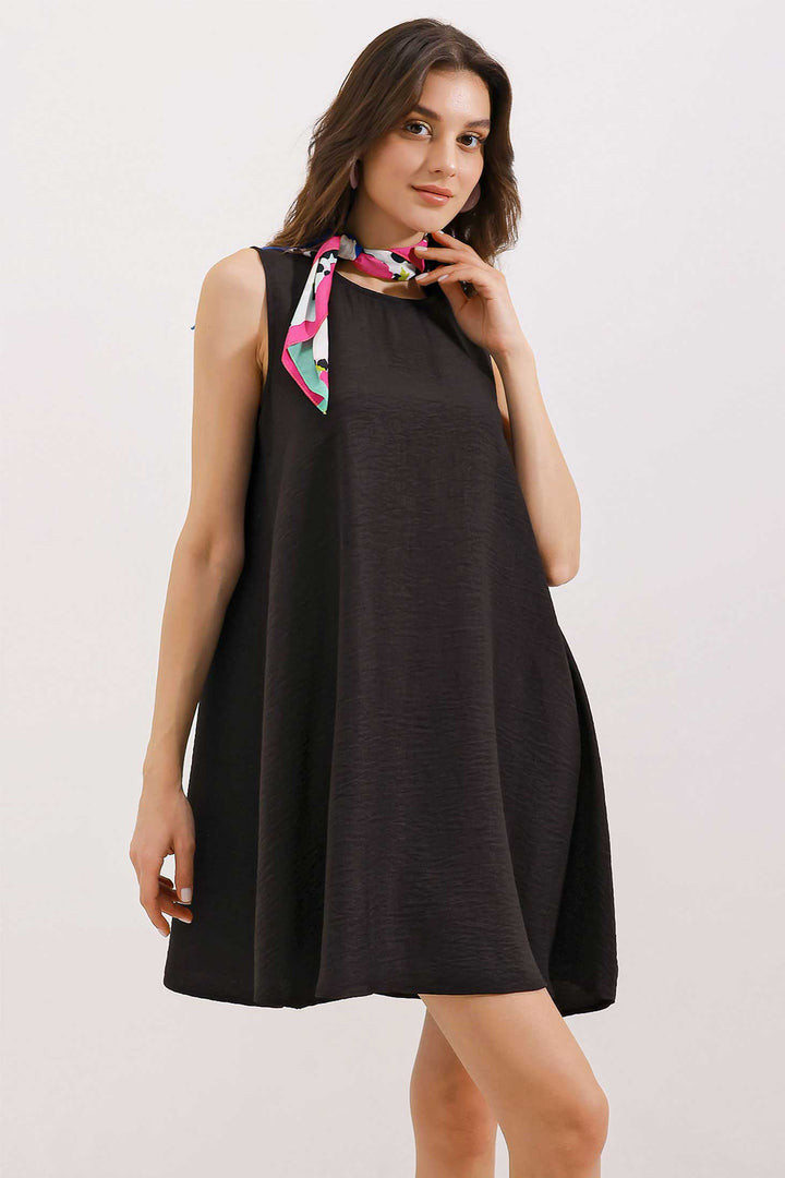 BGD Women Detailed Mini Linen Dress - Black - Viti