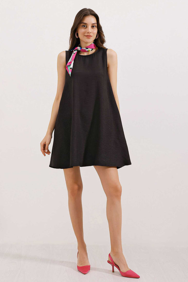 BGD Women Detailed Mini Linen Dress - Black - Viti