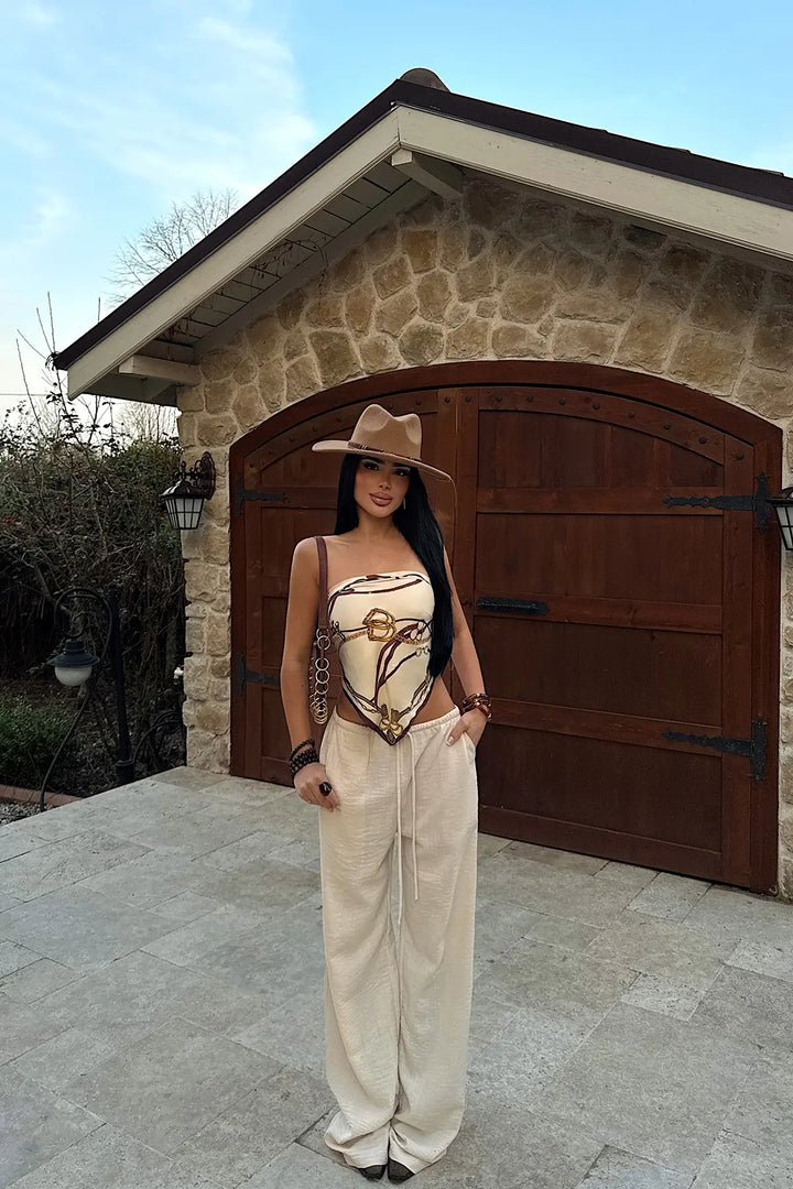 EYY Women Beige Wide-Leg Trousers with Drawstring - Mentor