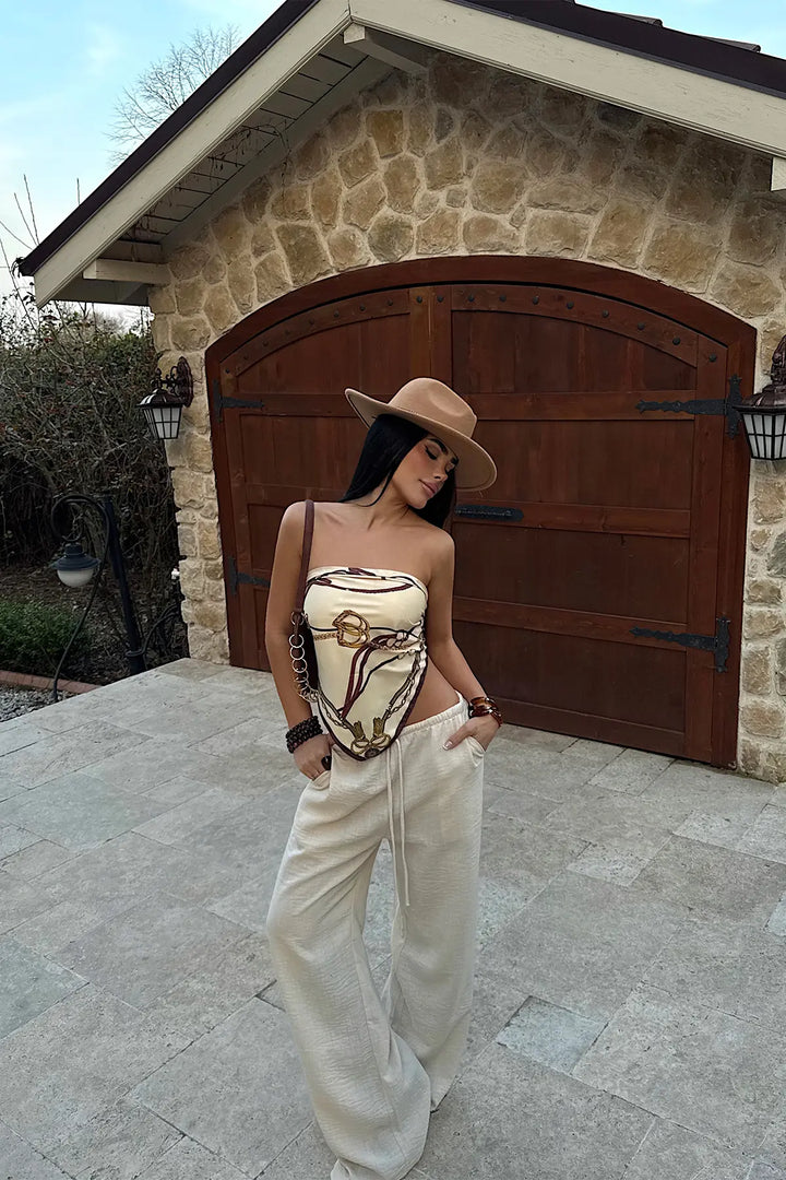 EYY Women Beige Wide-Leg Trousers with Drawstring - Mentor