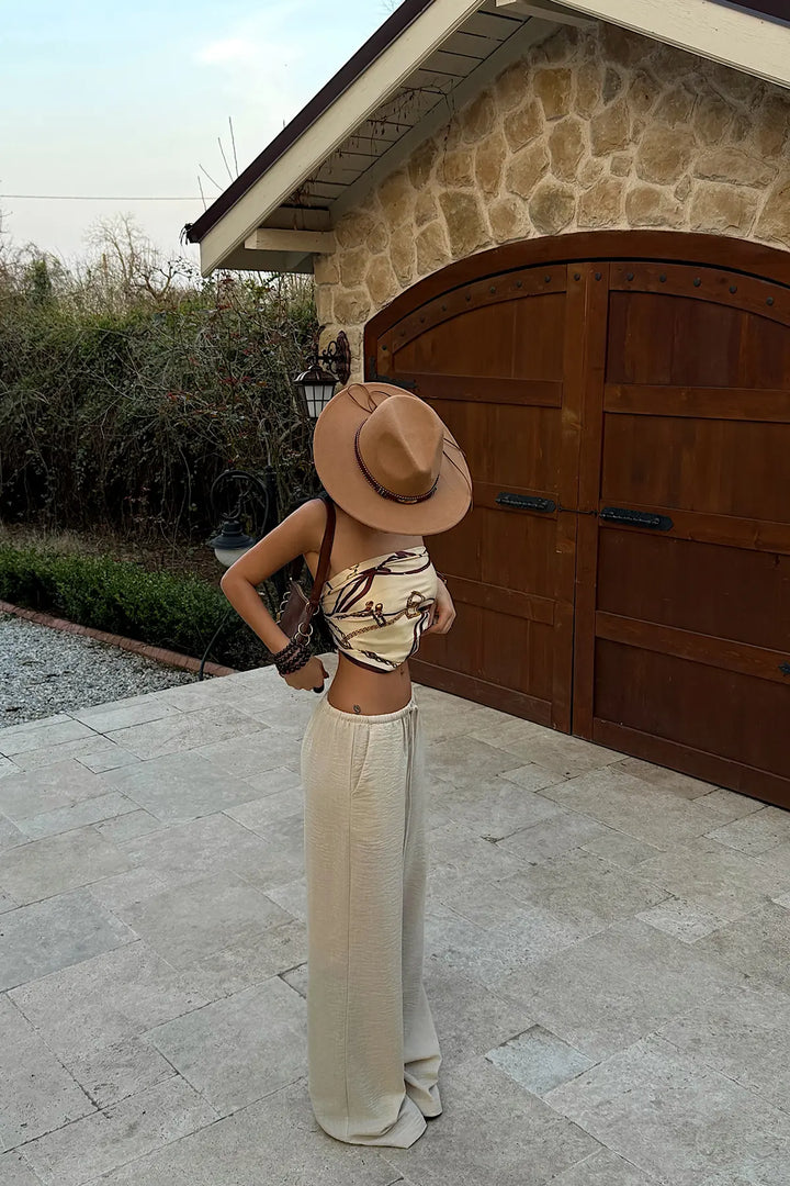 EYY Women Beige Wide-Leg Trousers with Drawstring - Mentor
