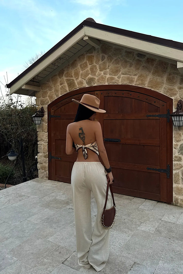 EYY Women Beige Wide-Leg Trousers with Drawstring - Mentor