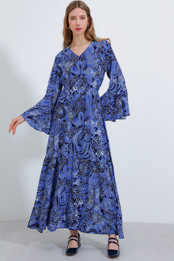 BGD Women Woman Saks V Neck Patterned Long Dress 2454 - Avondale