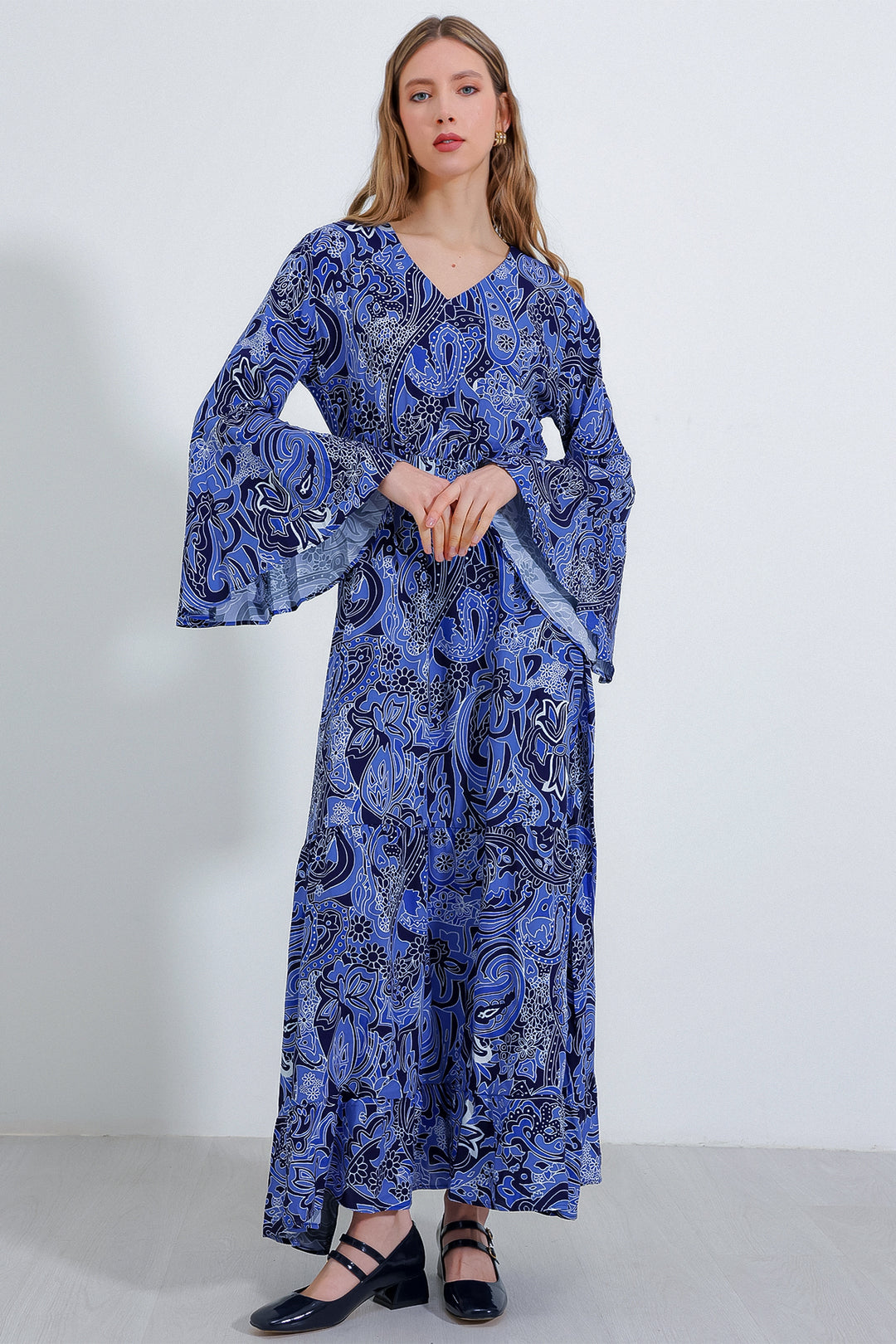 BGD Women Woman Saks V Neck Patterned Long Dress 2454 - Avondale