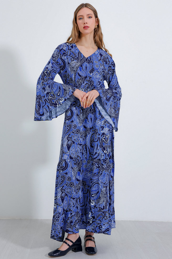 BGD Women Woman Saks V Neck Patterned Long Dress 2454 - Avondale