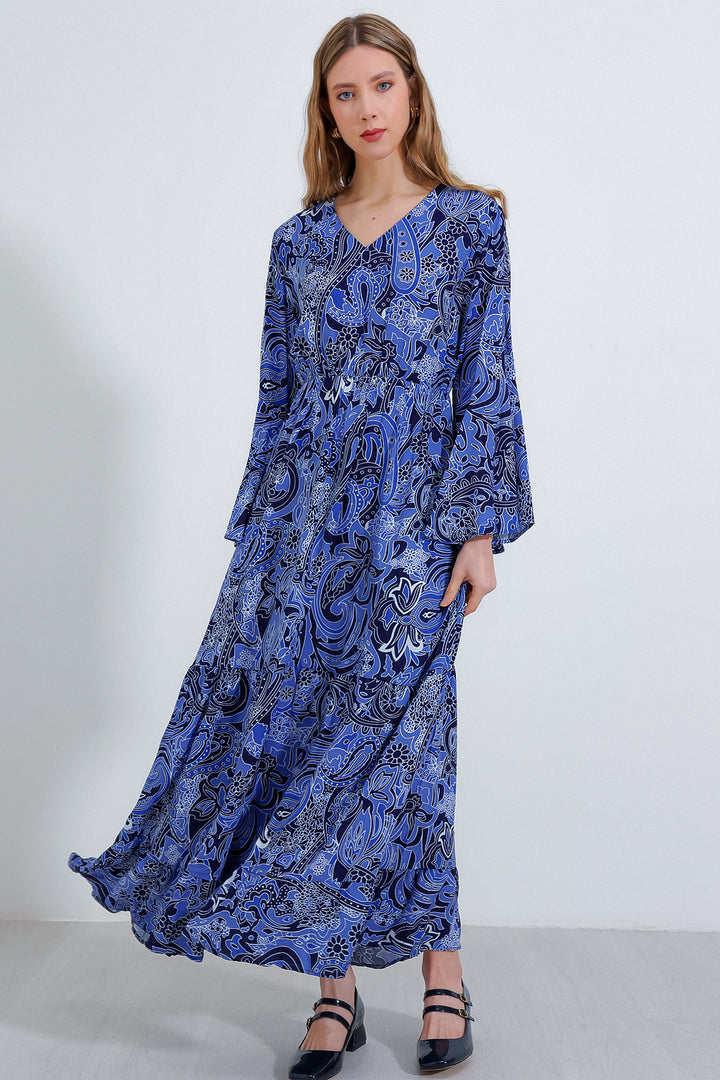 BGD Women Woman Saks V Neck Patterned Long Dress 2454 - Avondale