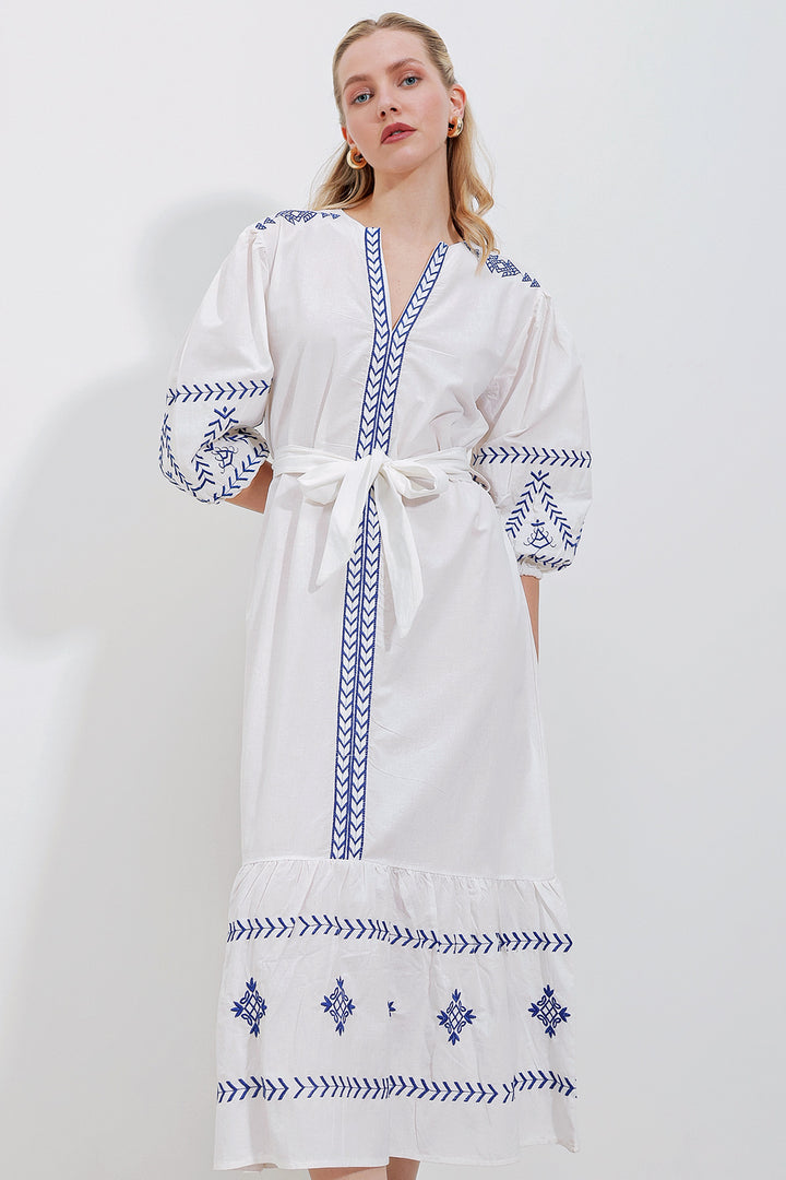 BGD Women Embroidered Linen Dress - White - Avondale