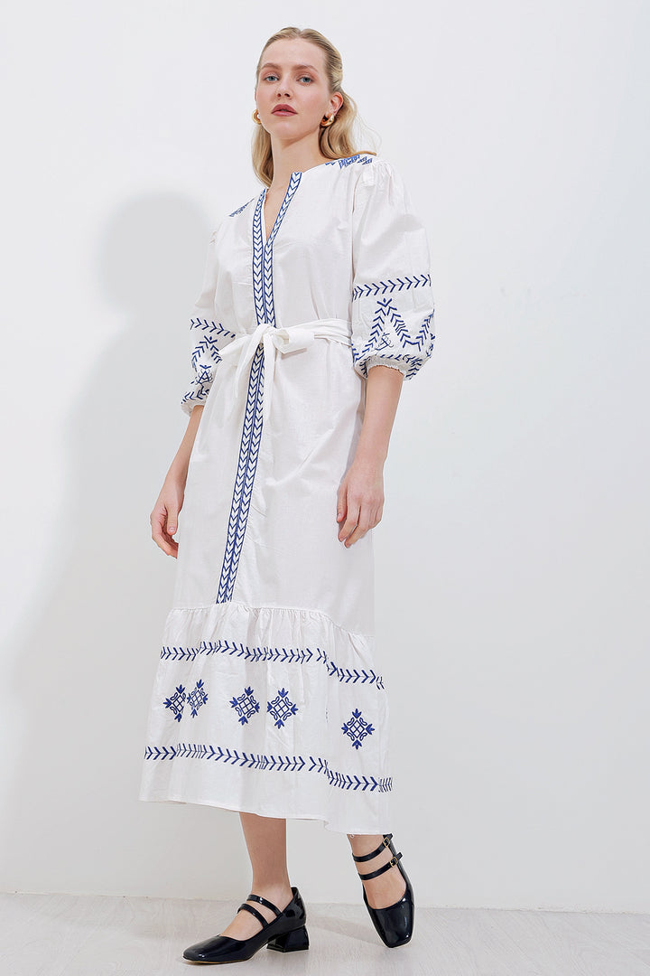 BGD Women Embroidered Linen Dress - White - Avondale