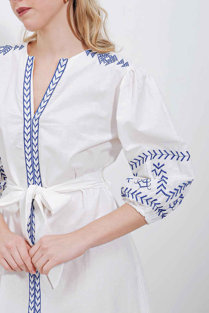 BGD Women Embroidered Linen Dress - White - Avondale