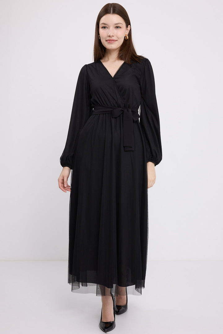 BGD Women Women's Black Wrap Neck Chiffon Dress with Tulle Detail 2484 - Zaanstad