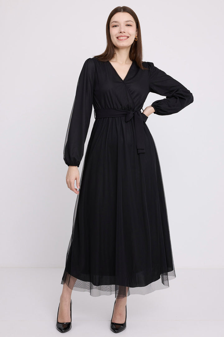 BGD Women Women's Black Wrap Neck Chiffon Dress with Tulle Detail 2484 - Zaanstad