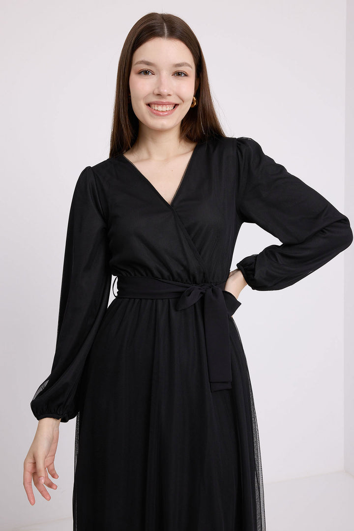 BGD Women Women's Black Wrap Neck Chiffon Dress with Tulle Detail 2484 - Zaanstad