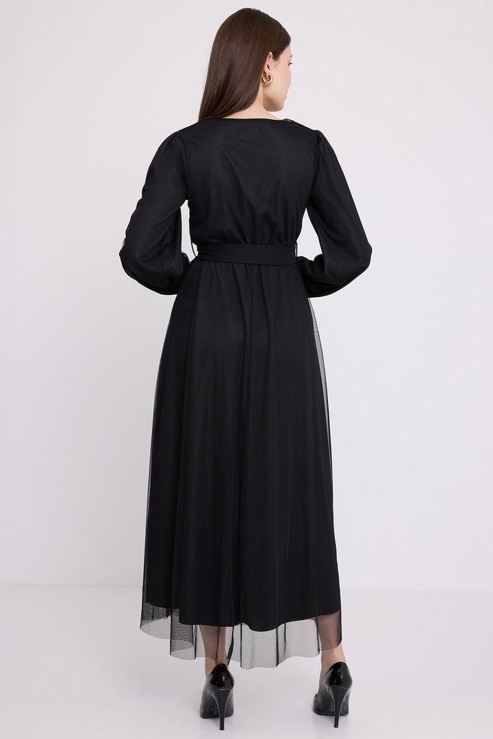 BGD Women Women's Black Wrap Neck Chiffon Dress with Tulle Detail 2484 - Zaanstad