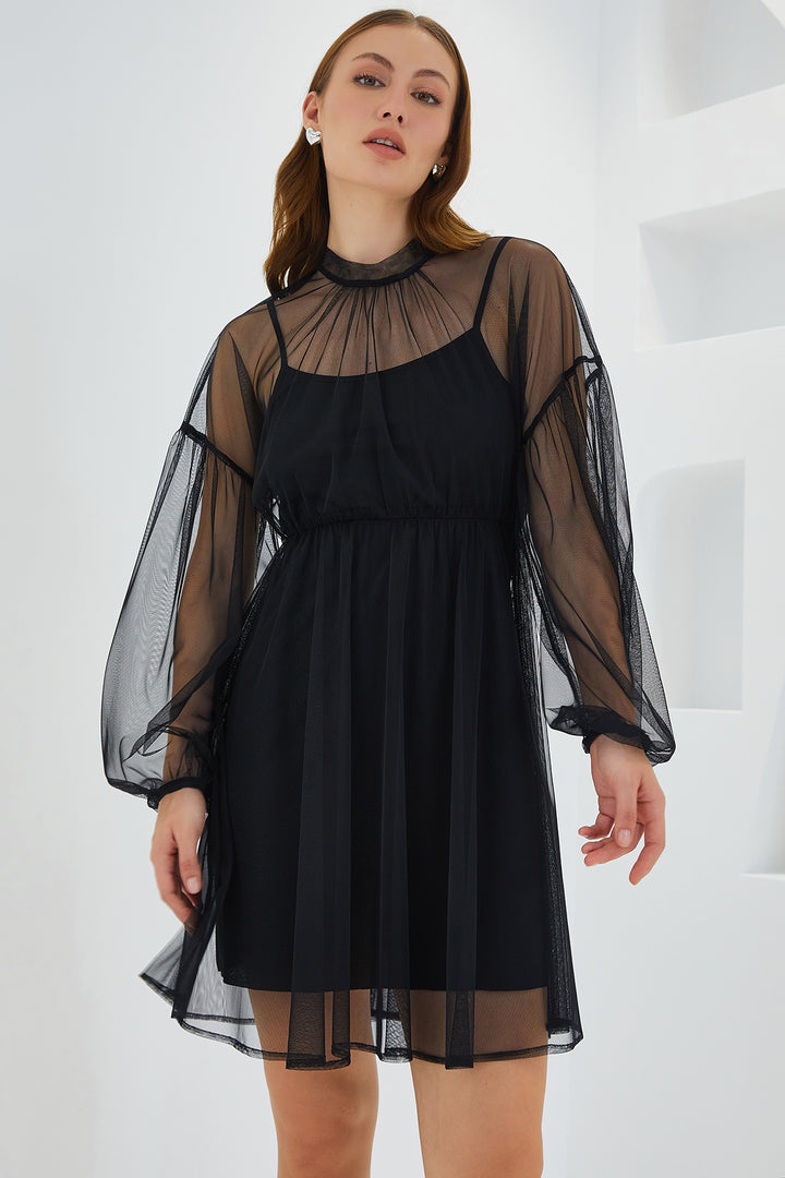 BGD Women Woman Black Tulle Detailed Mini Dress 2485 - Avondale