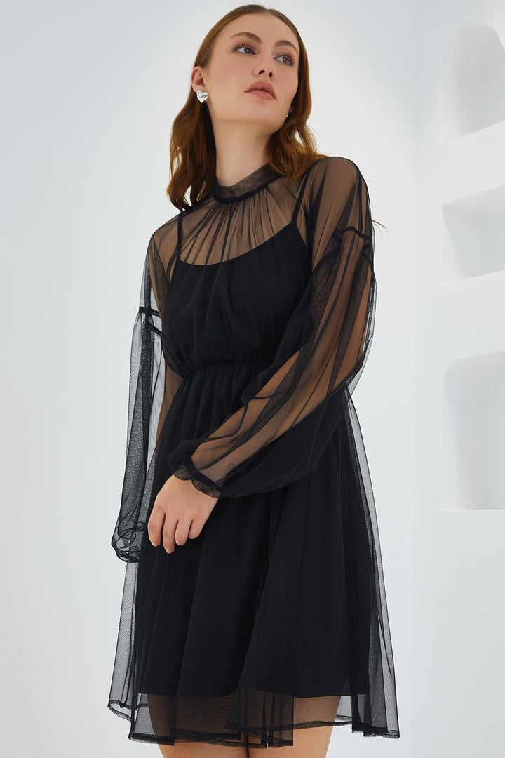 BGD Women Woman Black Tulle Detailed Mini Dress 2485 - Avondale