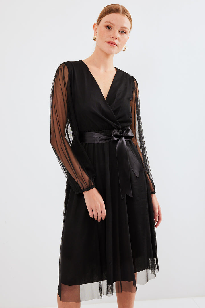 BGD Women Wrap Neck Tulle Dress - Black - Avondale