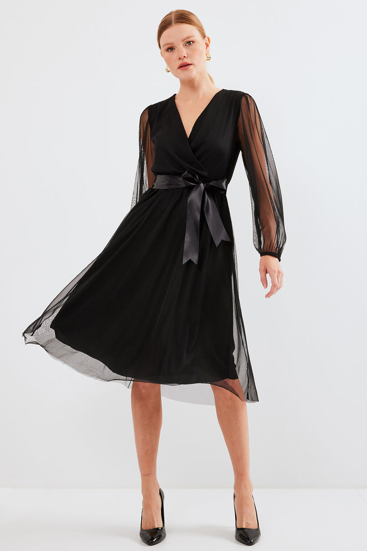 BGD Women Wrap Neck Tulle Dress - Black - Avondale