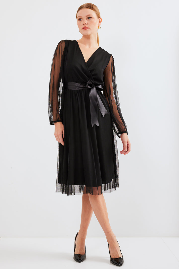 BGD Women Wrap Neck Tulle Dress - Black - Avondale