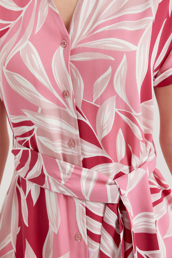 BGD Women Shirt Collar Short Sleeve Dress - Pink - Avondale