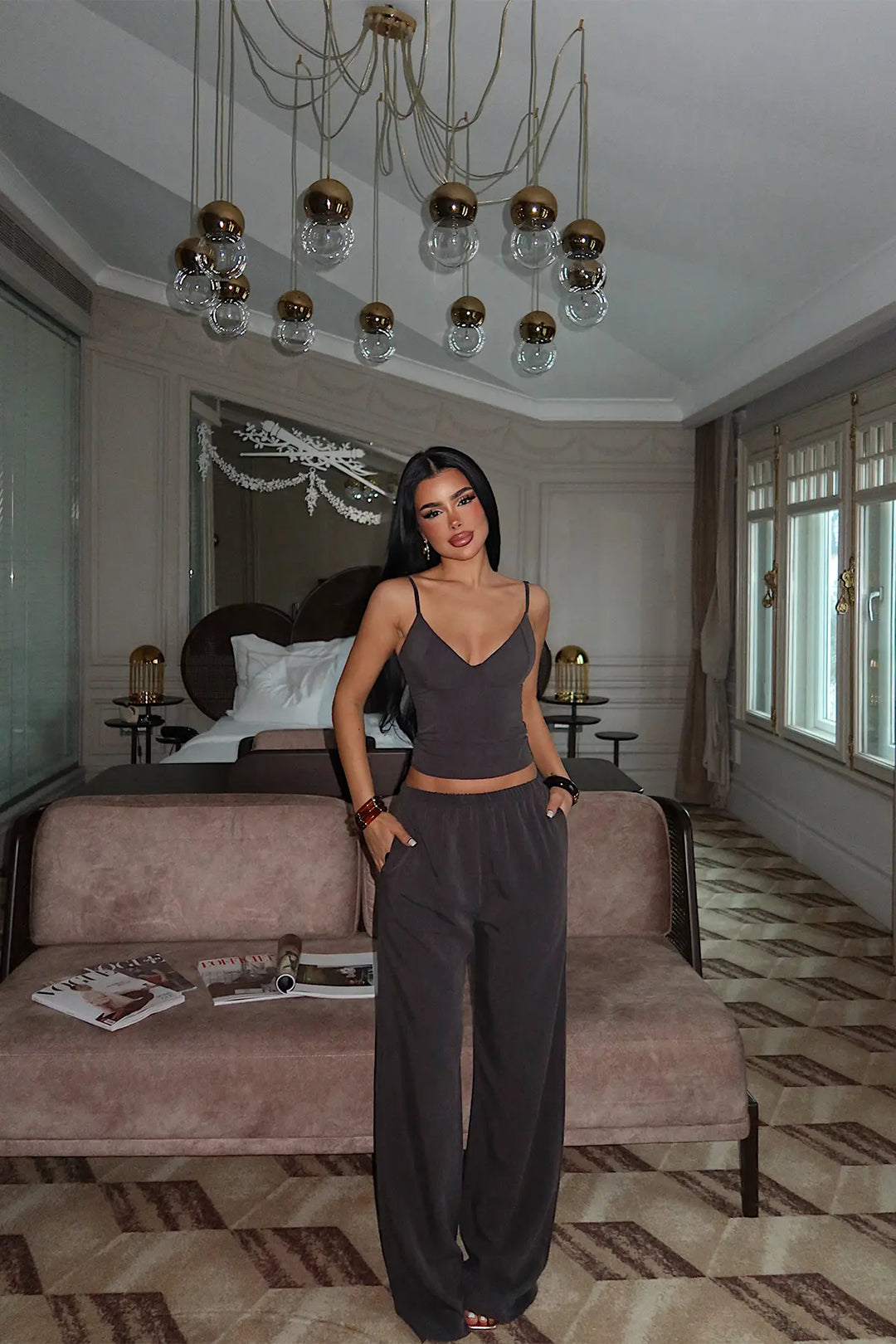 EYY Women Smoke Grey Suspender Pants Set - San Mateo