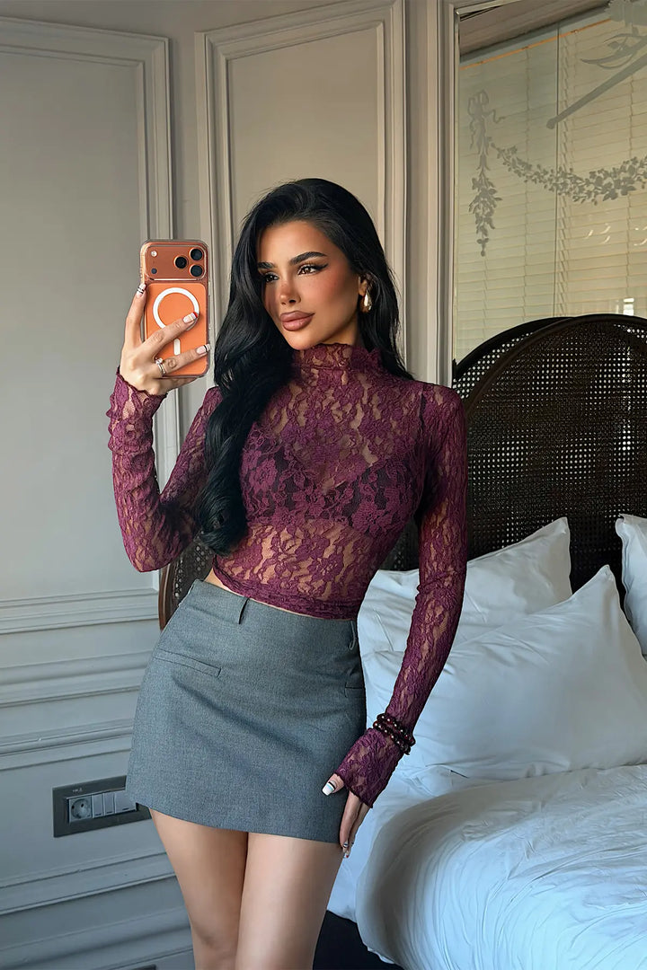 EYY Women Burgundy Raquel Lace Transparent Blouse - Mission
