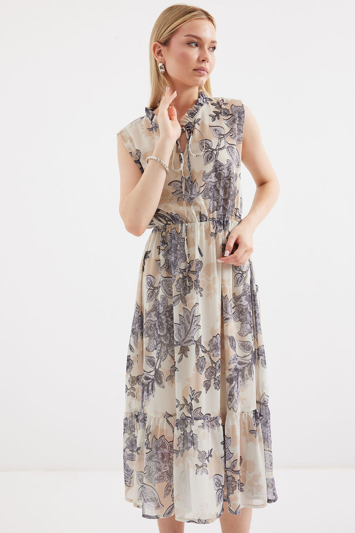 BGD Women Patterned Sleeveless Chiffon Dress - Anthracite - Avondale
