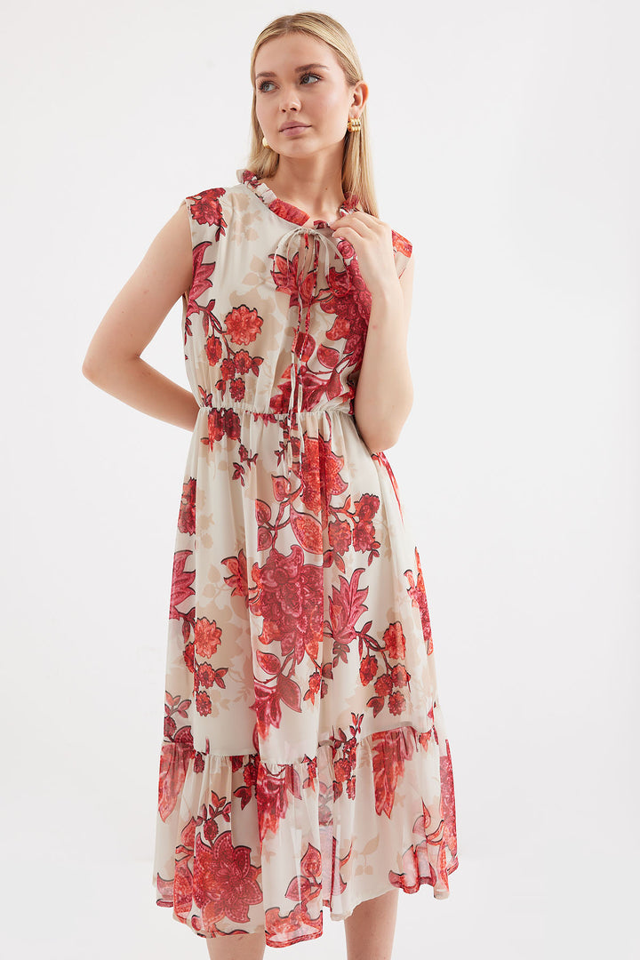 BGD Women Patterned Sleeveless Chiffon Dress - Pomegranate - Avondale