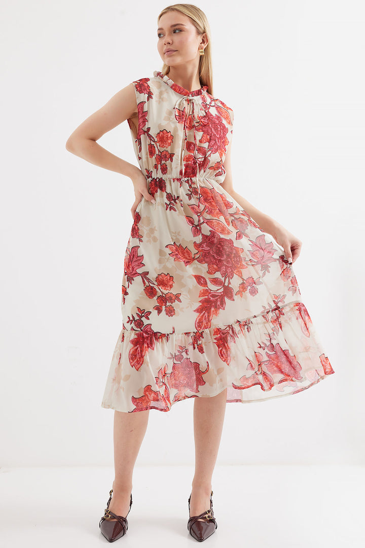 BGD Women Patterned Sleeveless Chiffon Dress - Pomegranate - Avondale