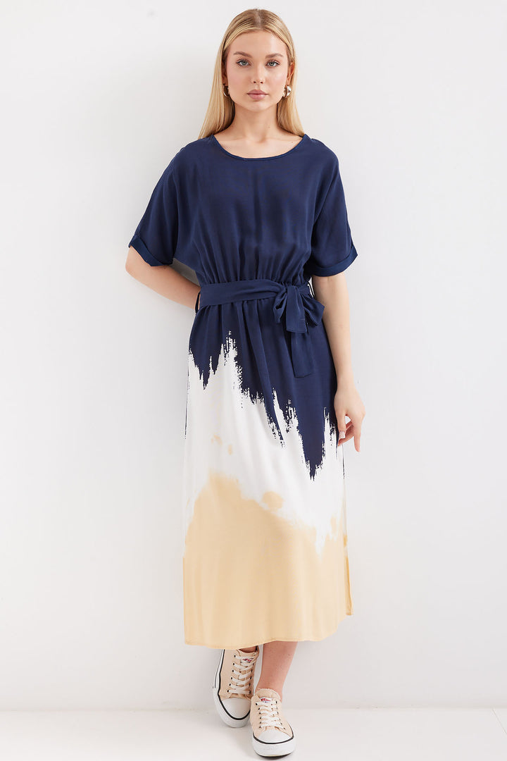 BGD Women Patterned Short Sleeve Viscose Dress - Navy Blue - Avondale