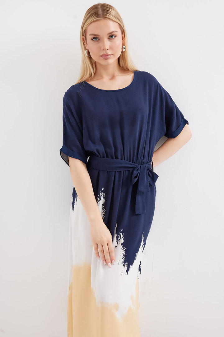 BGD Women Patterned Short Sleeve Viscose Dress - Navy Blue - Avondale