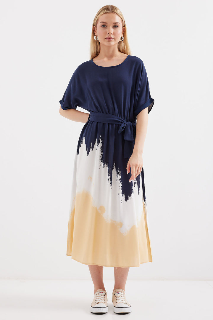 BGD Women Patterned Short Sleeve Viscose Dress - Navy Blue - Avondale
