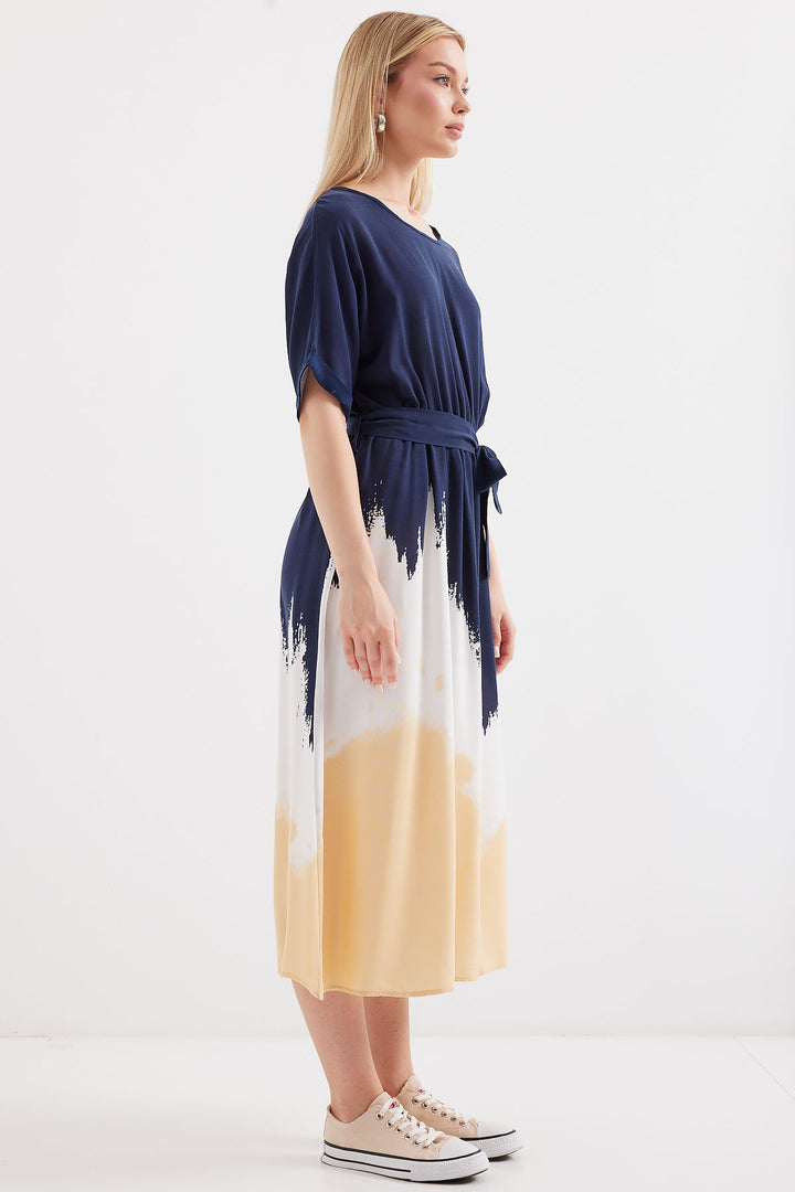 BGD Women Patterned Short Sleeve Viscose Dress - Navy Blue - Avondale
