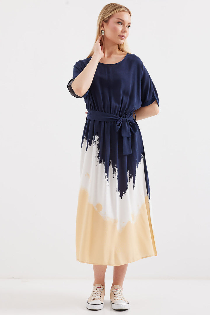 BGD Women Patterned Short Sleeve Viscose Dress - Navy Blue - Avondale