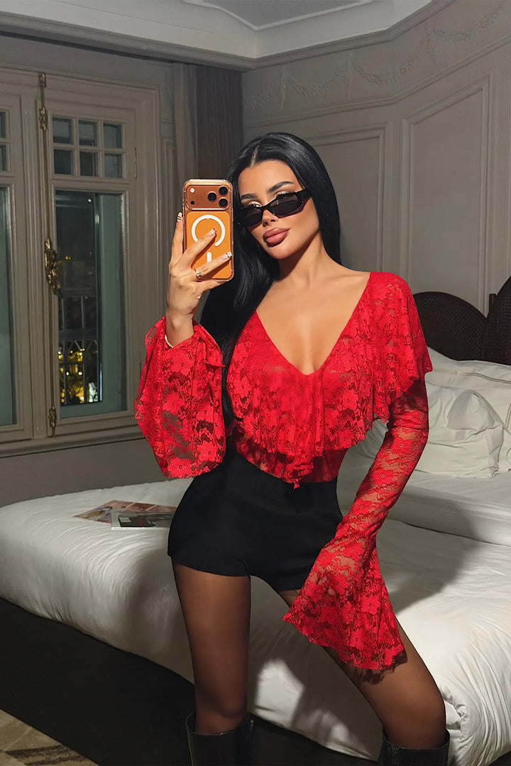 EYY Women Red Lace Detail Bodysuit - Northwich