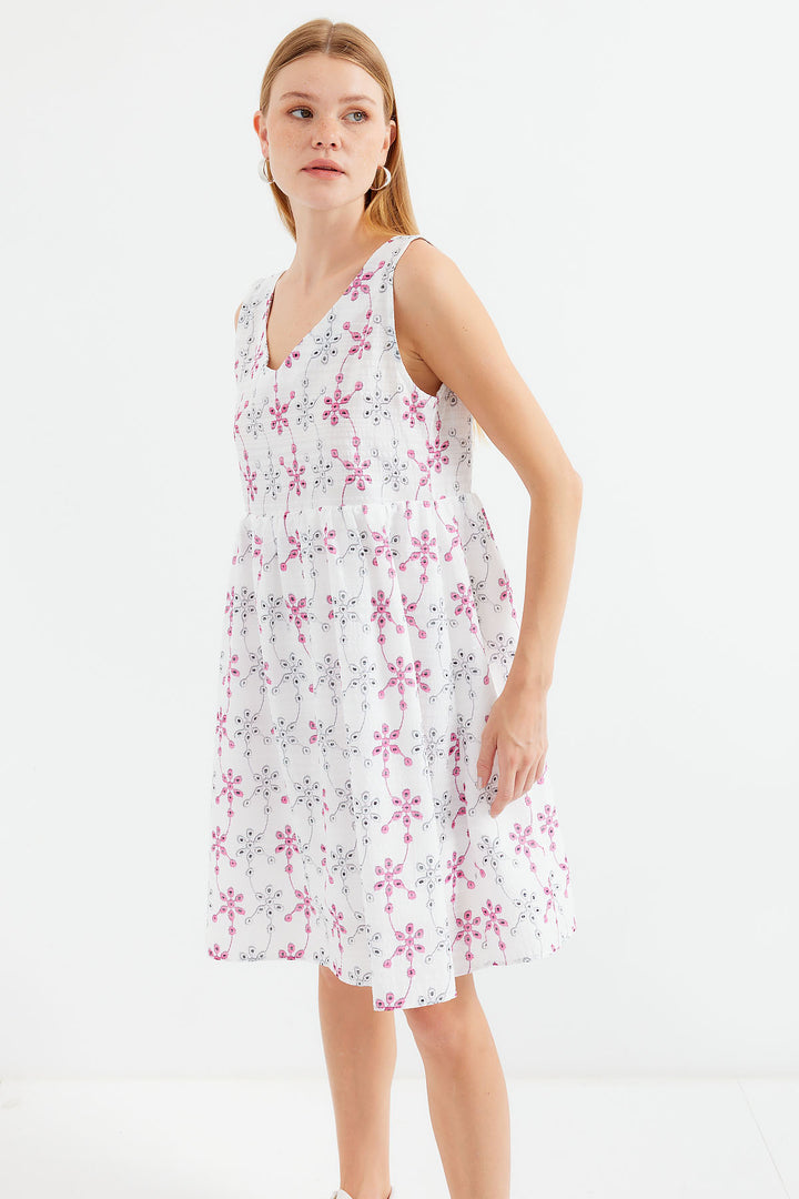 BGD Women V Neck Patterned Mini Dress - White - Avondale