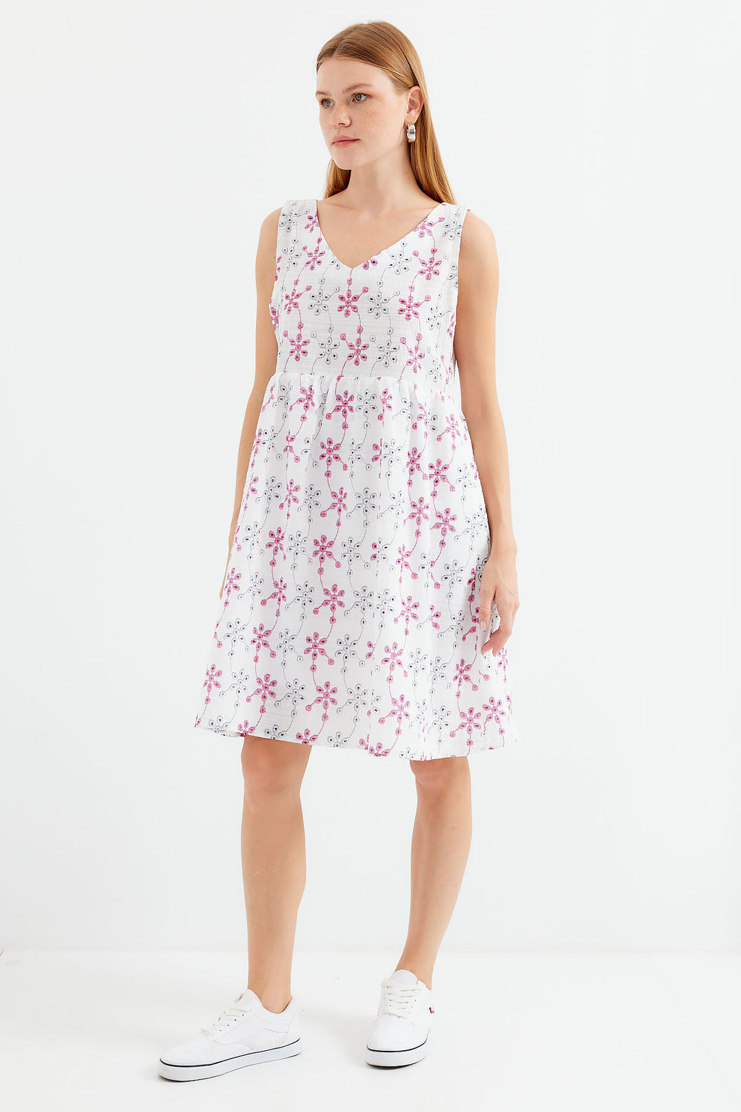 BGD Women V Neck Patterned Mini Dress - White - Avondale