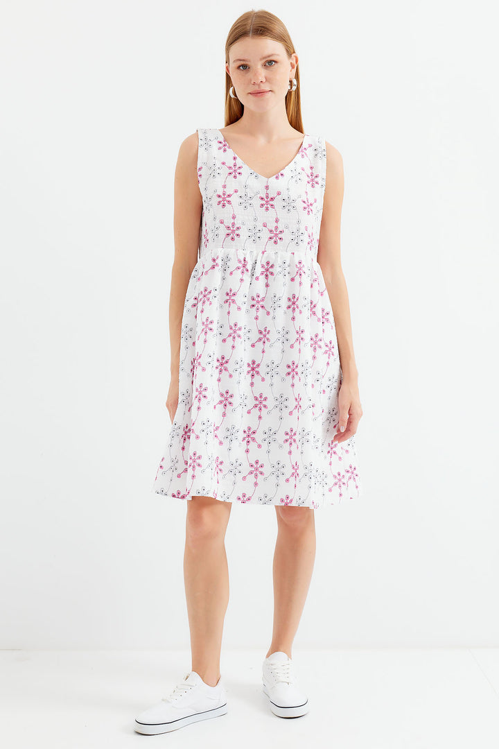 BGD Women V Neck Patterned Mini Dress - White - Avondale