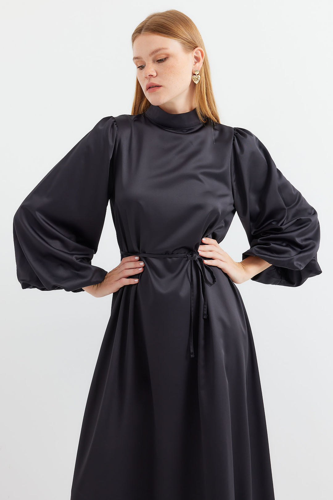 BGD Women Satin Hijab Evening Dress - Black - Mariano Escobedo