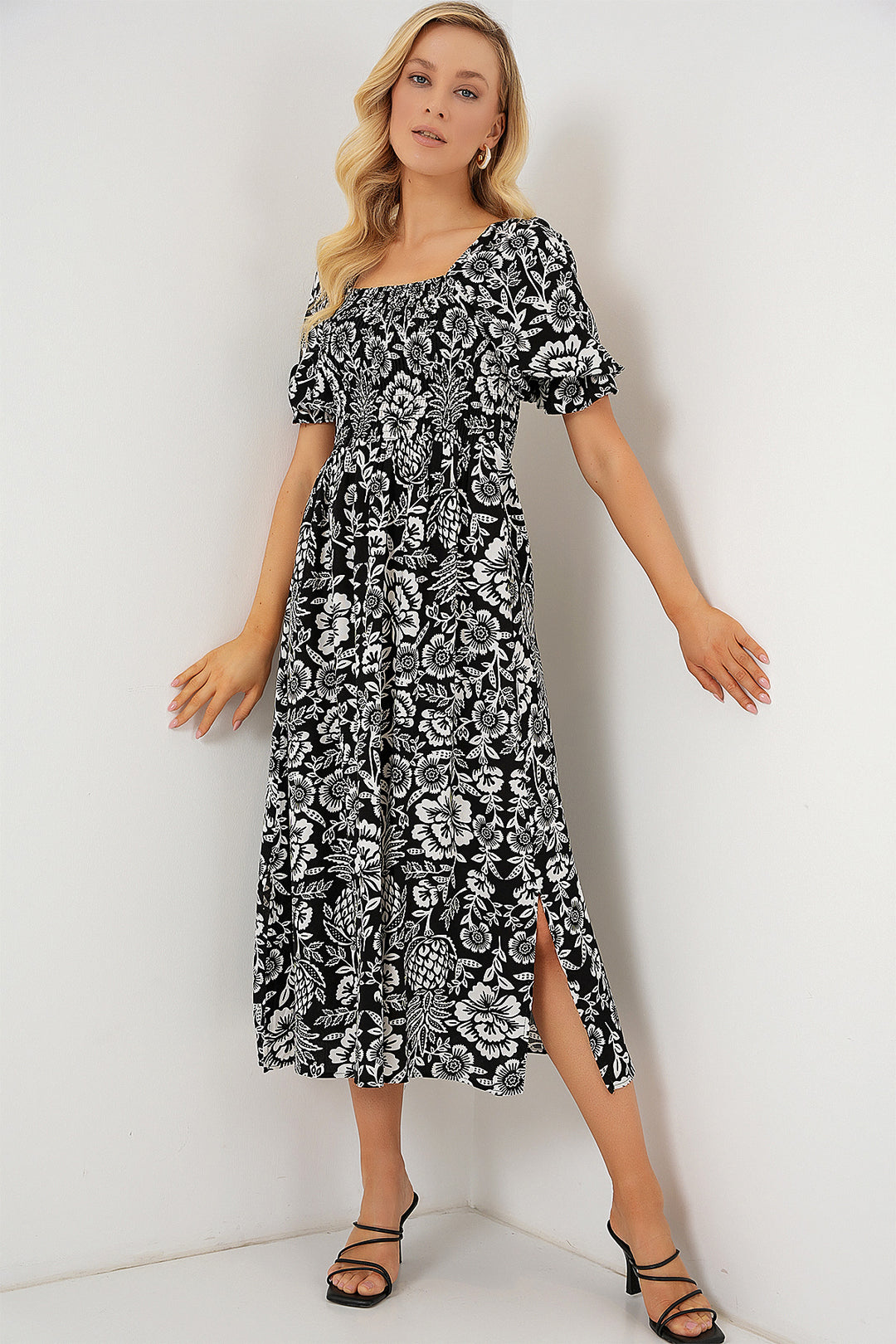 BGD Women Patterned Slit Dress - Black - Bensheim