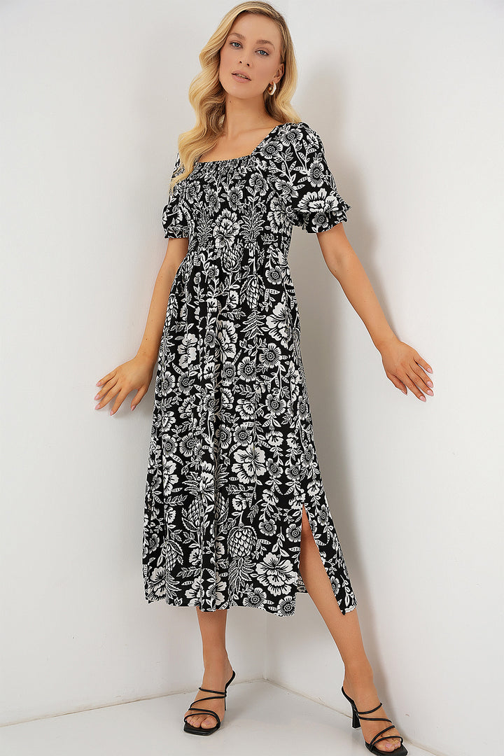 BGD Women Patterned Slit Dress - Black - Bensheim