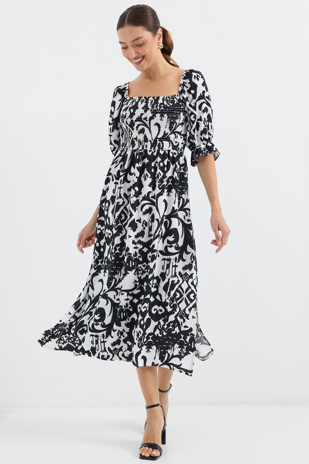 BGD Women Patterned Slit Dress - Black - Avondale