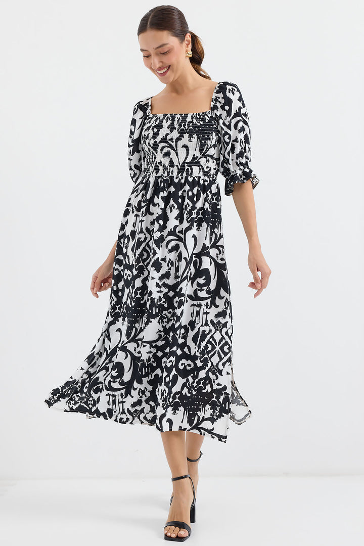 BGD Women Patterned Slit Dress - Black - Avondale