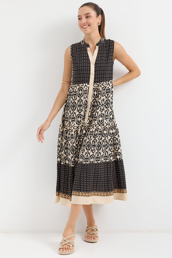 BGD Women Patterned Sleeveless Viscose Dress - Black - Bundaberg