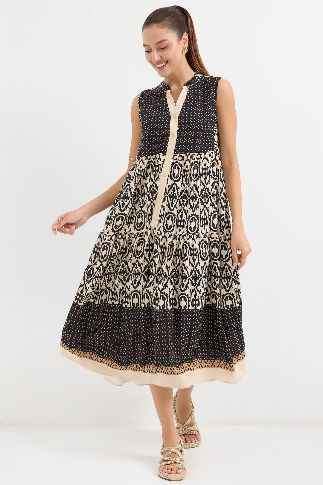 BGD Women Patterned Sleeveless Viscose Dress - Black - Bundaberg