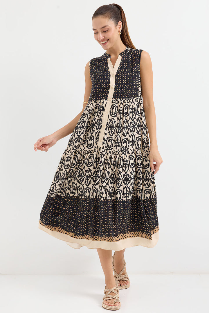 BGD Women Patterned Sleeveless Viscose Dress - Black - Bundaberg