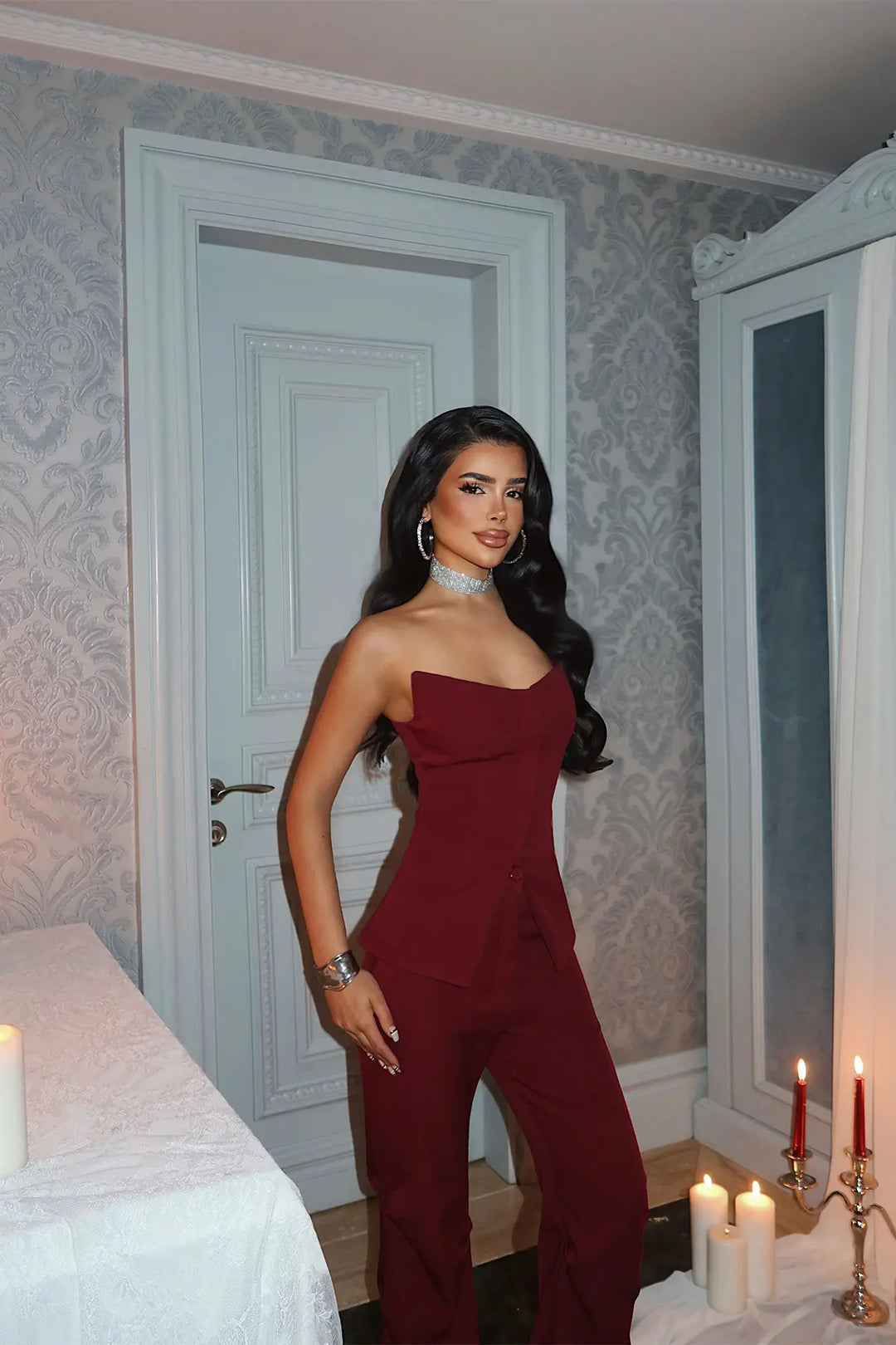 EYY Women Burgundy Strapless Top and Pants Set - Federal Way