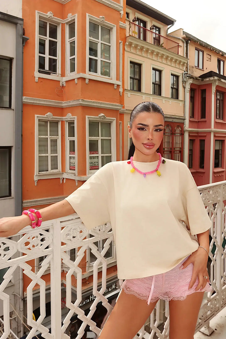 EYY Women Beige Printed Oversize T-Shirt - Osimo