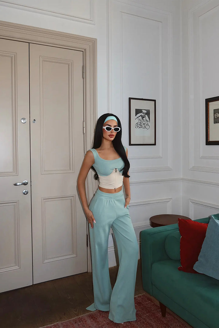 EYY Women Aqua Green Zipper Detail Pants Set - Sherbrooke
