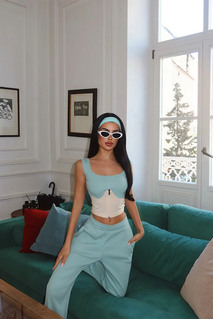 EYY Women Aqua Green Zipper Detail Pants Set - Sherbrooke