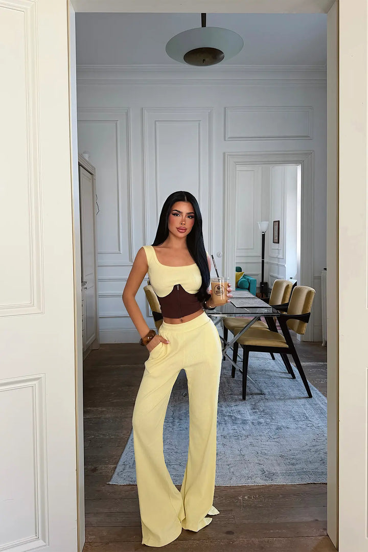 EYY Women Yellow Zipper Detail Pants Set - Bracknell